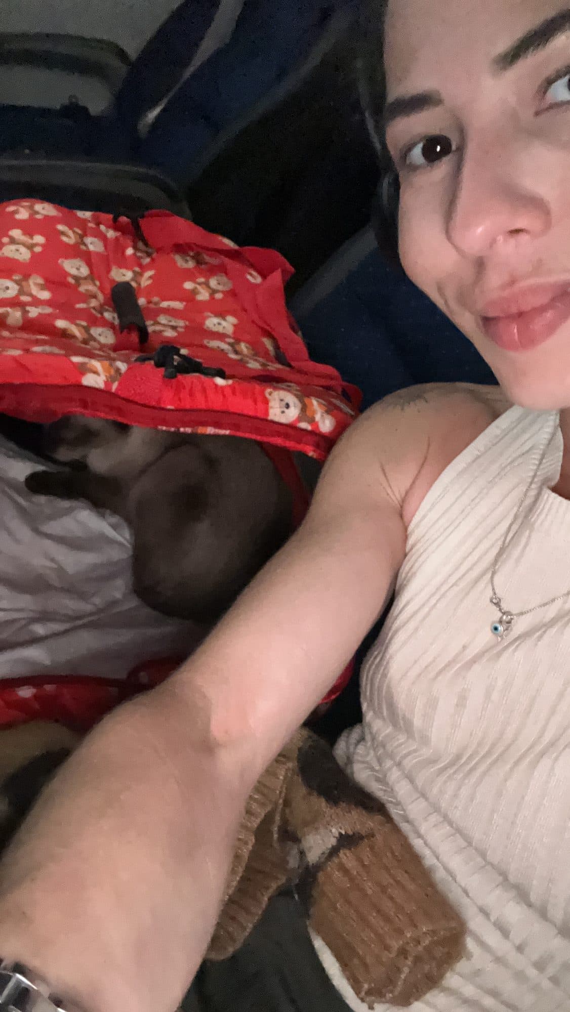 Selfie de Camila ao lado da caixa de transporte vermelha com um gato siamês dentro.